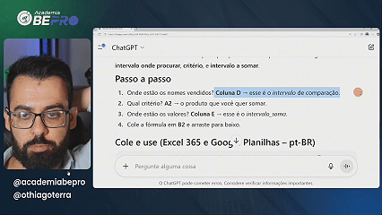 Trecho real de aula da Formação mostrando Excel e ChatGPT trabalhando juntos