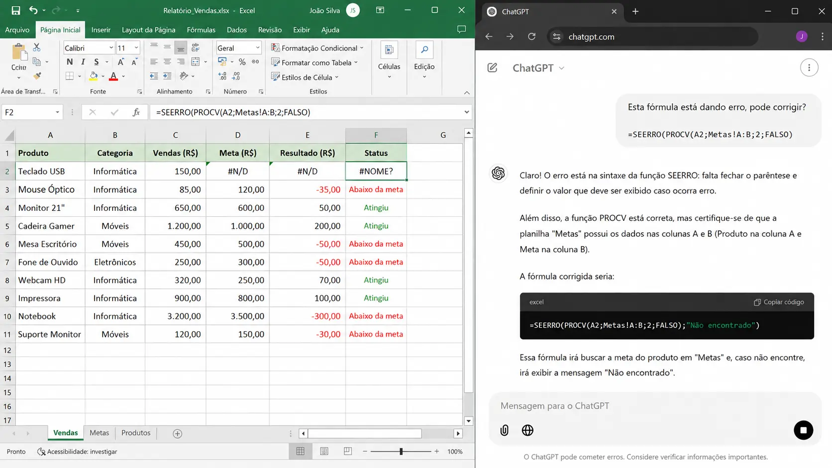 Notebook com Excel aberto e assistente de IA montando a fórmula na planilha