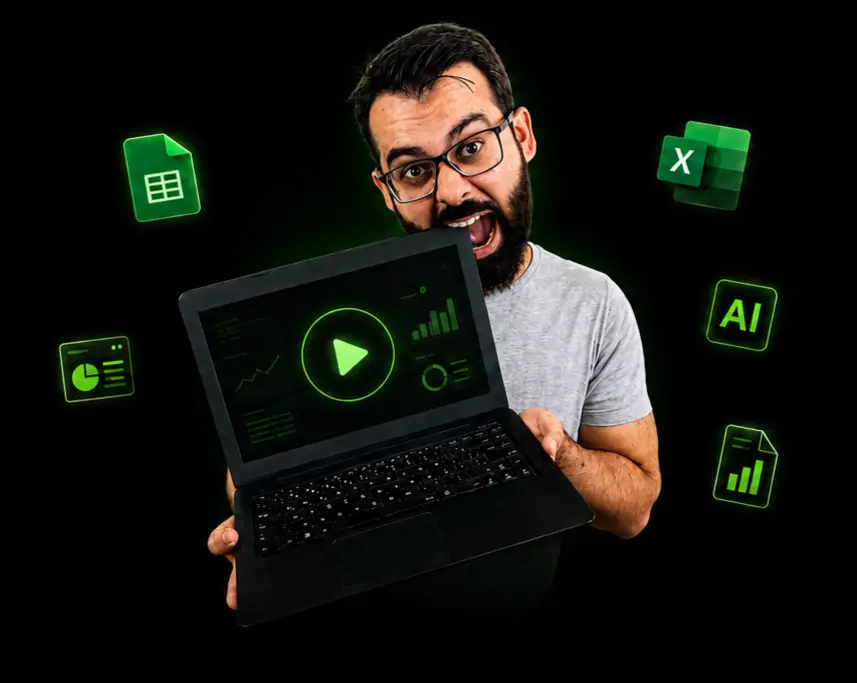 Thiago Terra segurando um notebook com dashboard, cercado pelos ícones de Excel, Google Planilhas e IA