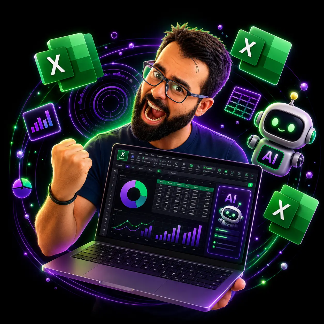 Thiago Terra com elementos 3D de Excel e Inteligência Artificial