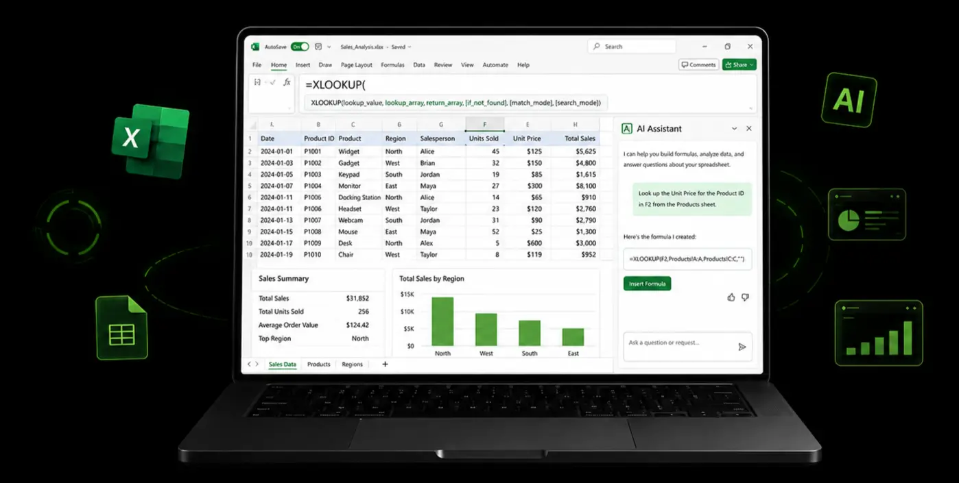 Notebook com Excel aberto e assistente de IA montando a fórmula na planilha