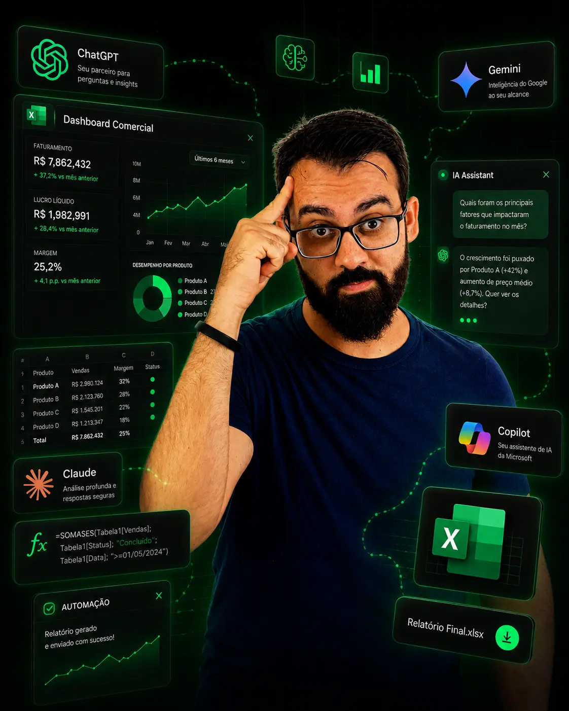 Thiago Terra cercado pelas IAs e relatórios do Novo Excel: ChatGPT, Gemini, Claude, Copilot e dashboard automático